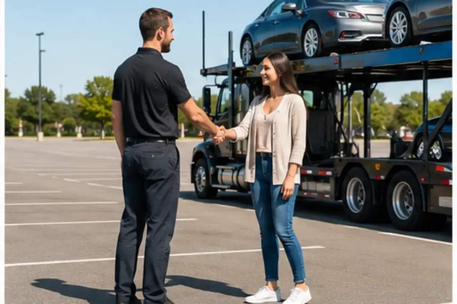 Driver and customer reviewing a door-to-door vehicle inspection